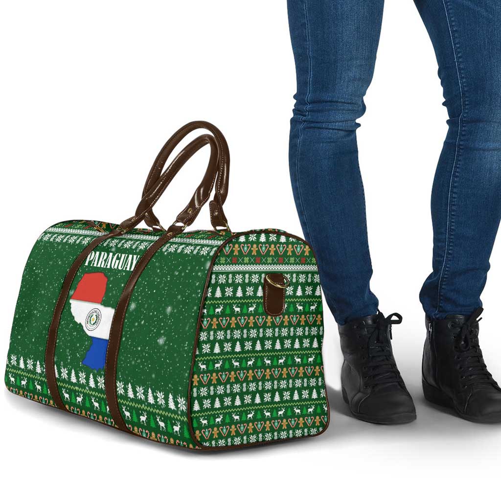 Paraguay Christmas Travel Bag with Green Festive Pattern, Map and Flag Motif, and Santa Illustration - Wonder Print Shop