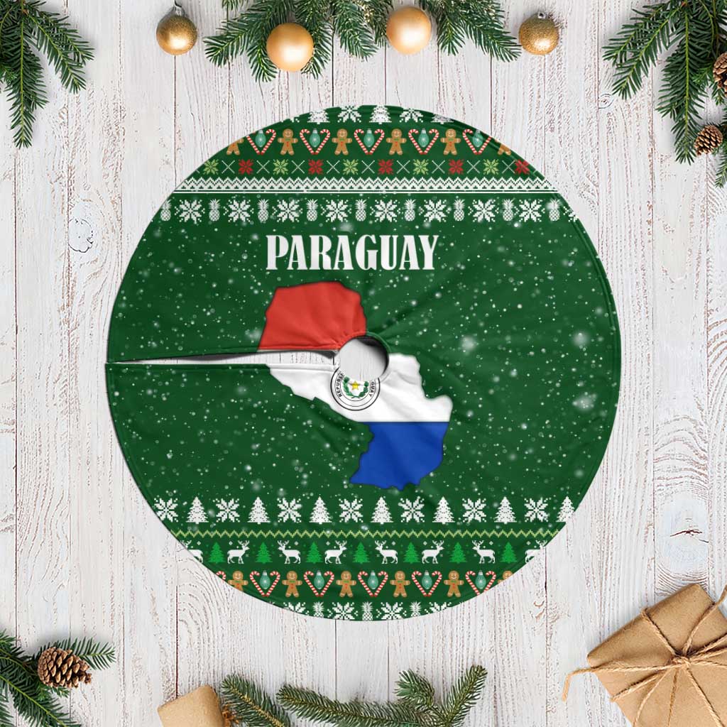 Paraguay Christmas Tree Skirt with Green Festive Pattern, Map and Flag Motif, and Santa Illustration - Wonder Print Shop