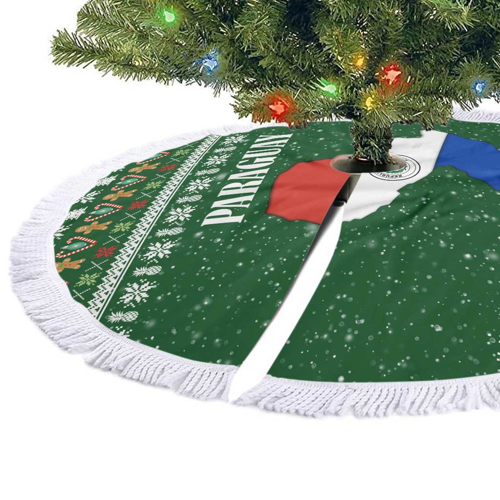 Paraguay Christmas Tree Skirt with Green Festive Pattern, Map and Flag Motif, and Santa Illustration - Wonder Print Shop