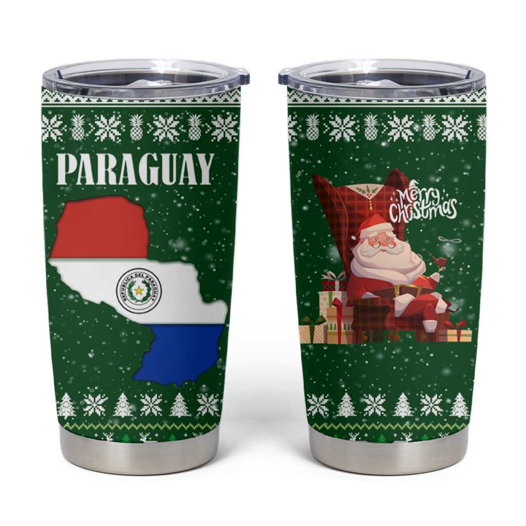 Paraguay Christmas Tumbler Cup with Green Festive Pattern, Map and Flag Motif, and Santa Illustration - Wonder Print Shop