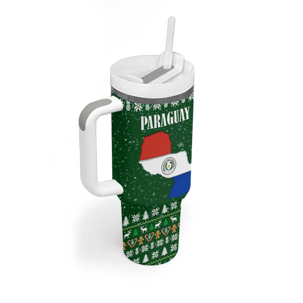 Paraguay Christmas Tumbler With Handle with Green Festive Pattern, Map and Flag Motif, and Santa Illustration - Wonder Print Shop