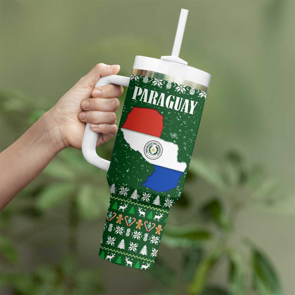 Paraguay Christmas Tumbler With Handle with Green Festive Pattern, Map and Flag Motif, and Santa Illustration - Wonder Print Shop