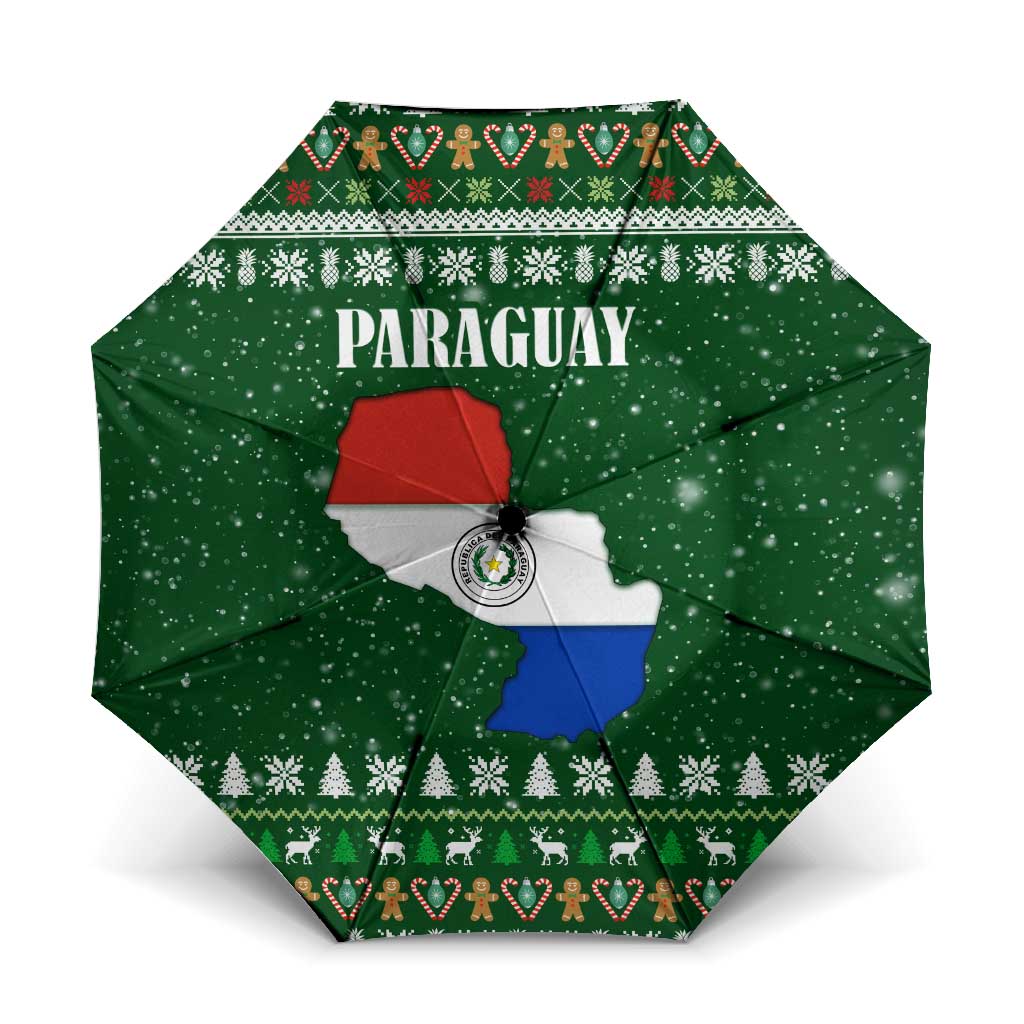Paraguay Christmas Umbrella with Green Festive Pattern, Map and Flag Motif, and Santa Illustration - Wonder Print Shop