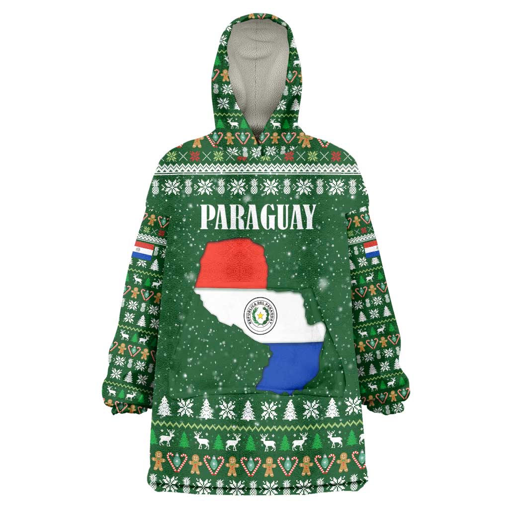 Paraguay Christmas Wearable Blanket Hoodie with Green Festive Pattern, Map and Flag Motif, and Santa Illustration - Wonder Print Shop