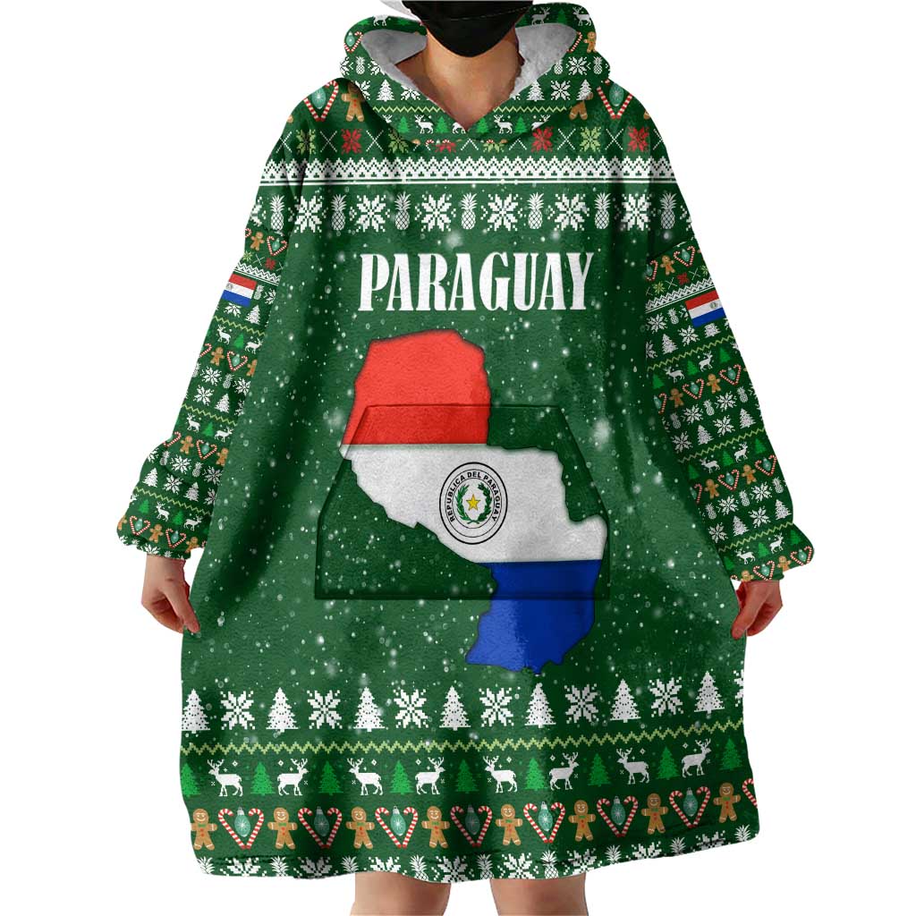 Paraguay Christmas Wearable Blanket Hoodie with Green Festive Pattern, Map and Flag Motif, and Santa Illustration - Wonder Print Shop