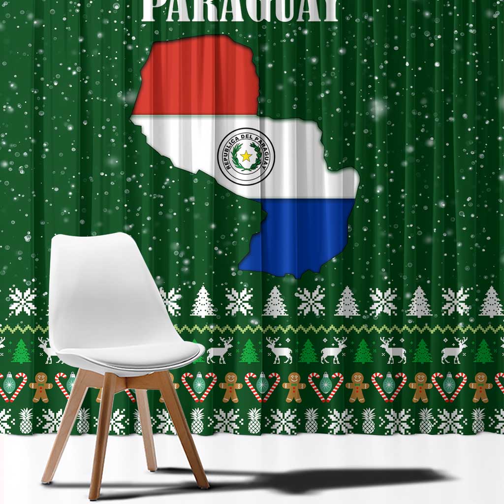 Paraguay Christmas Window Curtain with Green Festive Pattern, Map and Flag Motif, and Santa Illustration - Wonder Print Shop