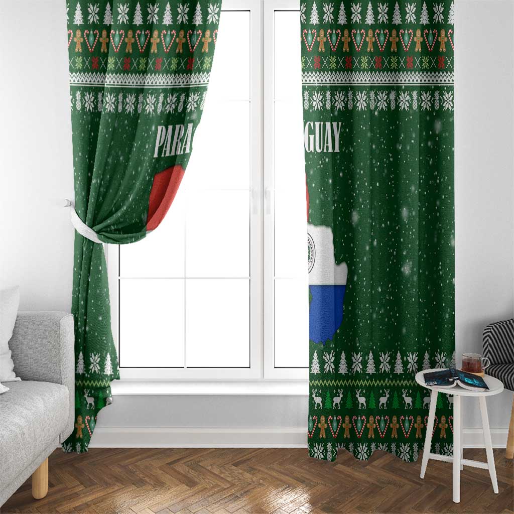 Paraguay Christmas Window Curtain with Green Festive Pattern, Map and Flag Motif, and Santa Illustration - Wonder Print Shop