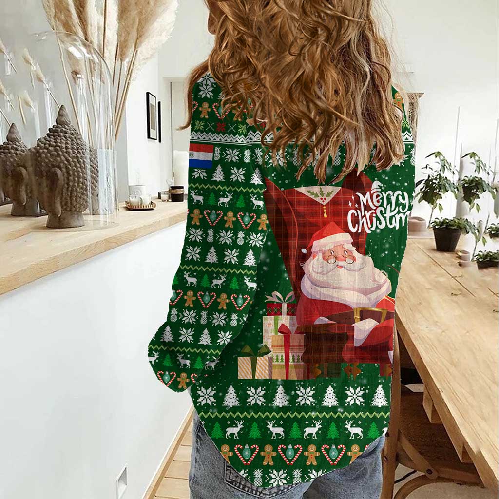 Paraguay Christmas Women Casual Shirt with Green Festive Pattern, Map and Flag Motif, and Santa Illustration - Wonder Print Shop