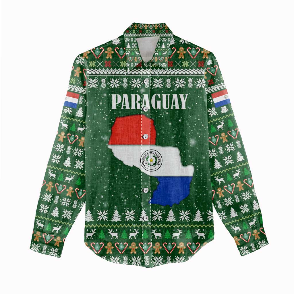 Paraguay Christmas Women Casual Shirt with Green Festive Pattern, Map and Flag Motif, and Santa Illustration - Wonder Print Shop