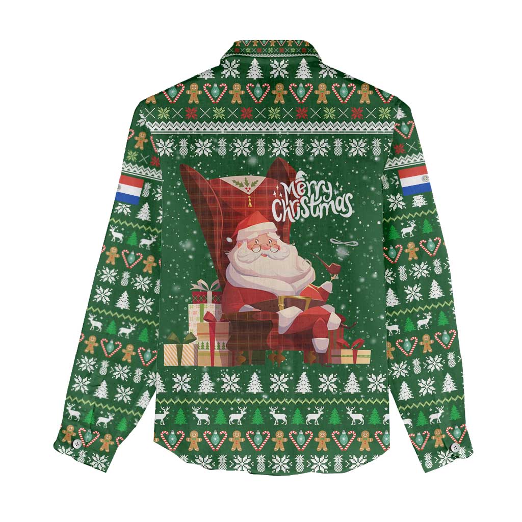 Paraguay Christmas Women Casual Shirt with Green Festive Pattern, Map and Flag Motif, and Santa Illustration - Wonder Print Shop