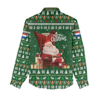 Paraguay Christmas Women Casual Shirt with Green Festive Pattern, Map and Flag Motif, and Santa Illustration - Wonder Print Shop