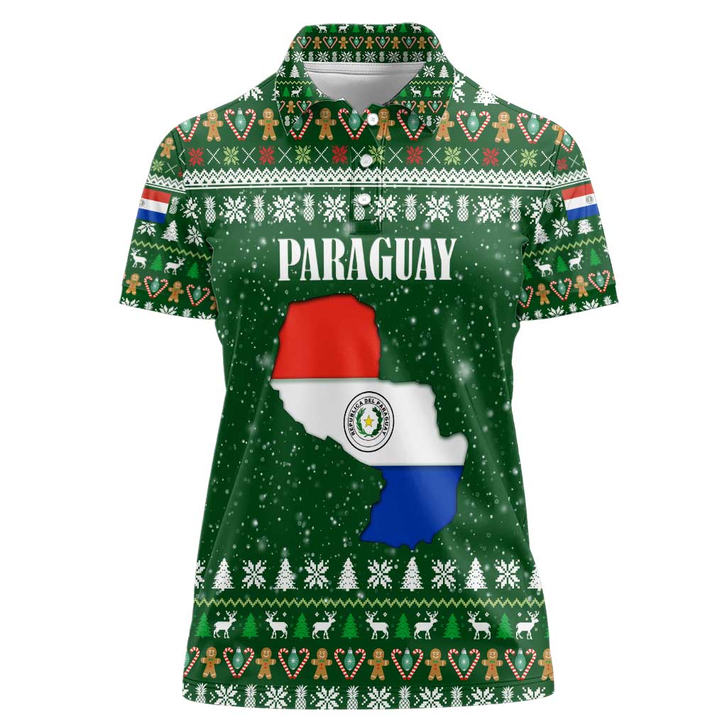 Paraguay Christmas Women Polo Shirt with Green Festive Pattern, Map and Flag Motif, and Santa Illustration - Wonder Print Shop