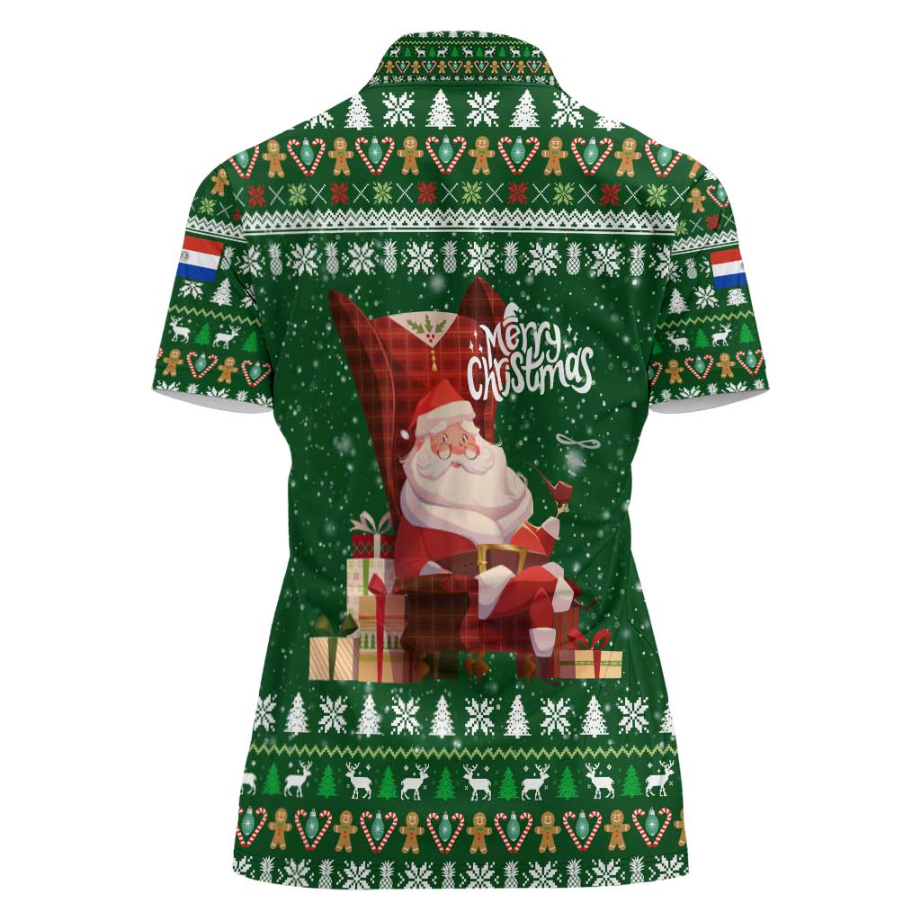 Paraguay Christmas Women Polo Shirt with Green Festive Pattern, Map and Flag Motif, and Santa Illustration - Wonder Print Shop