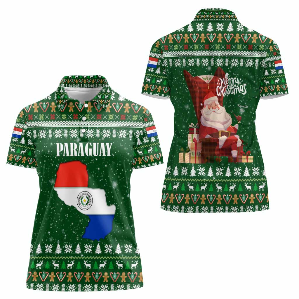 Paraguay Christmas Women Polo Shirt with Green Festive Pattern, Map and Flag Motif, and Santa Illustration - Wonder Print Shop