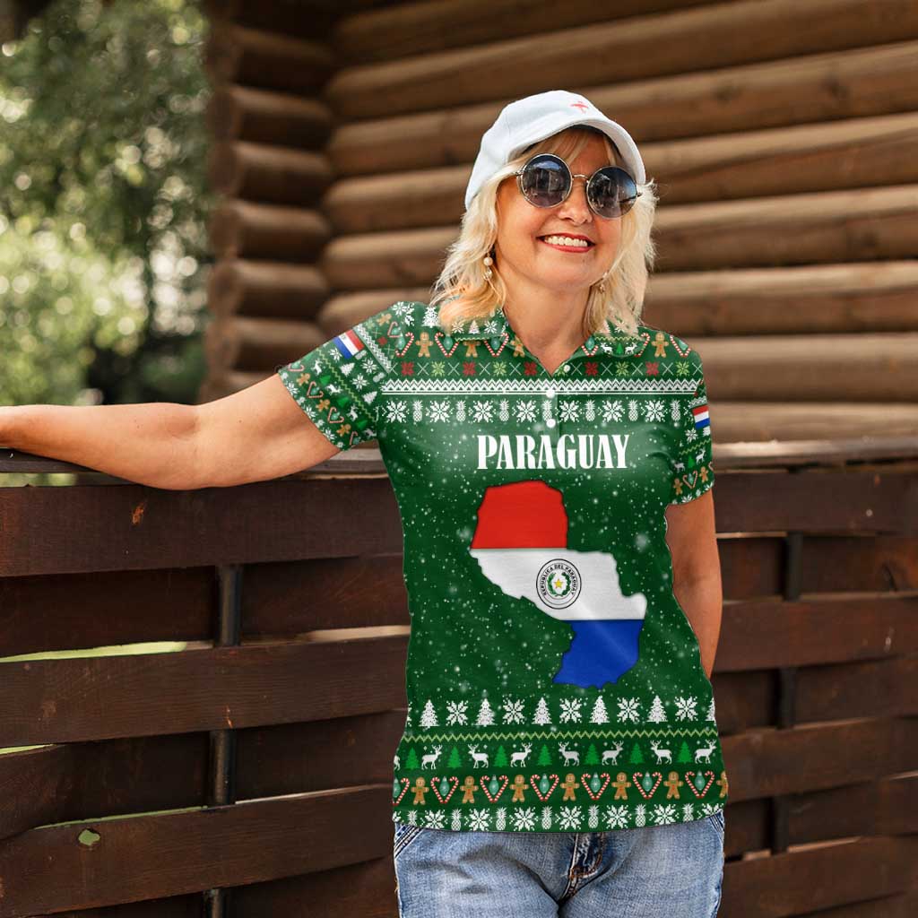 Paraguay Christmas Women Polo Shirt with Green Festive Pattern, Map and Flag Motif, and Santa Illustration - Wonder Print Shop