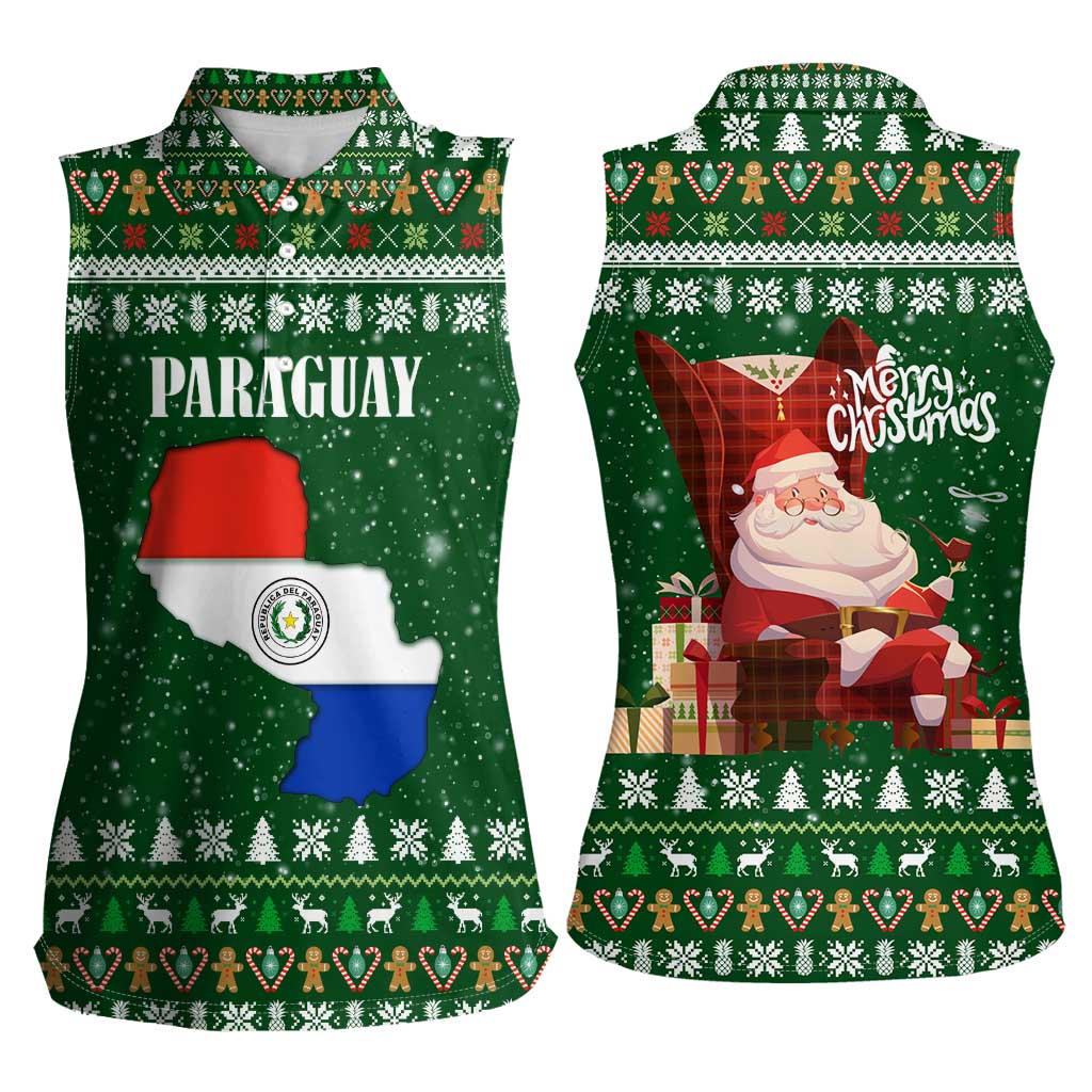 Paraguay Christmas Women Sleeveless Polo Shirt with Green Festive Pattern, Map and Flag Motif, and Santa Illustration - Wonder Print Shop
