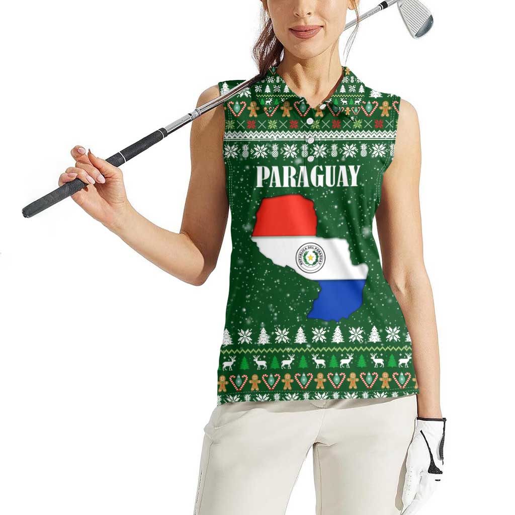 Paraguay Christmas Women Sleeveless Polo Shirt with Green Festive Pattern, Map and Flag Motif, and Santa Illustration - Wonder Print Shop