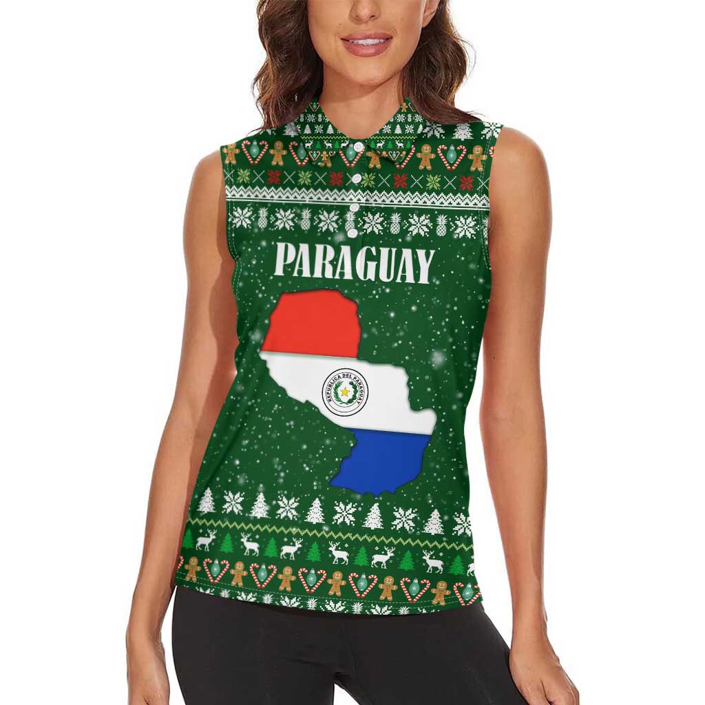Paraguay Christmas Women Sleeveless Polo Shirt with Green Festive Pattern, Map and Flag Motif, and Santa Illustration - Wonder Print Shop