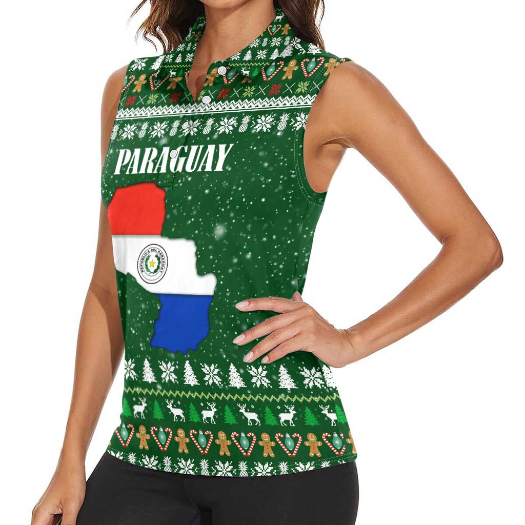 Paraguay Christmas Women Sleeveless Polo Shirt with Green Festive Pattern, Map and Flag Motif, and Santa Illustration - Wonder Print Shop