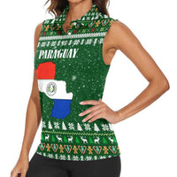 Paraguay Christmas Women Sleeveless Polo Shirt with Green Festive Pattern, Map and Flag Motif, and Santa Illustration - Wonder Print Shop