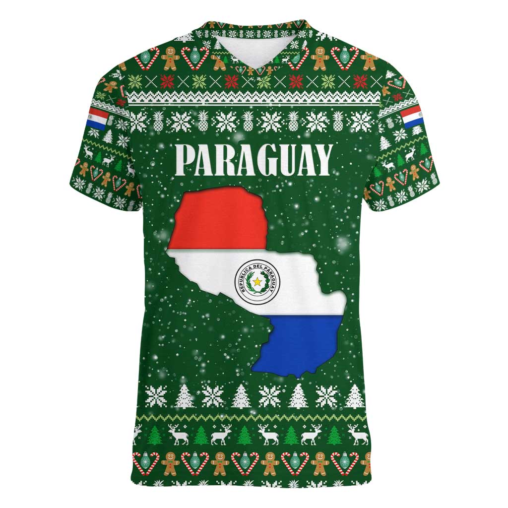 Paraguay Christmas Women V-Neck T-Shirt with Green Festive Pattern, Map and Flag Motif, and Santa Illustration - Wonder Print Shop