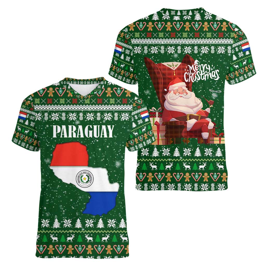 Paraguay Christmas Women V-Neck T-Shirt with Green Festive Pattern, Map and Flag Motif, and Santa Illustration - Wonder Print Shop