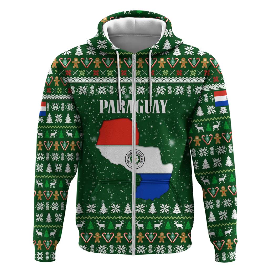 Paraguay Christmas Zip Hoodie with Green Festive Pattern, Map and Flag Motif, and Santa Illustration - Wonder Print Shop
