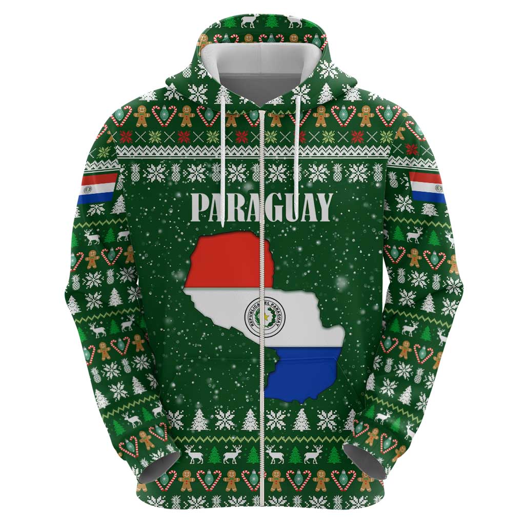 Paraguay Christmas Zip Hoodie with Green Festive Pattern, Map and Flag Motif, and Santa Illustration - Wonder Print Shop
