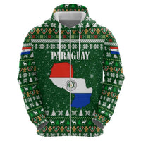 Paraguay Christmas Zip Hoodie with Green Festive Pattern, Map and Flag Motif, and Santa Illustration - Wonder Print Shop