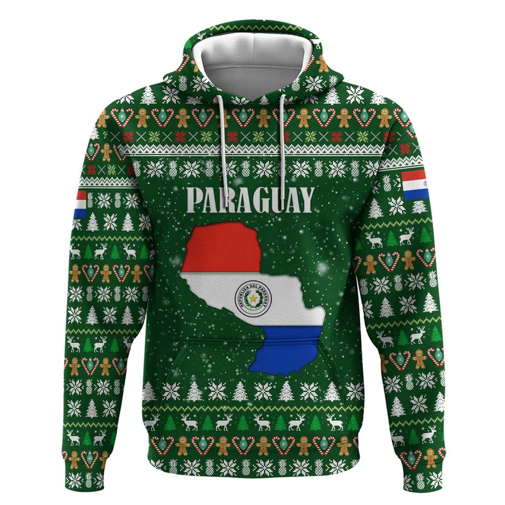 Paraguay Christmas Zip Hoodie with Green Festive Pattern, Map and Flag Motif, and Santa Illustration - Wonder Print Shop