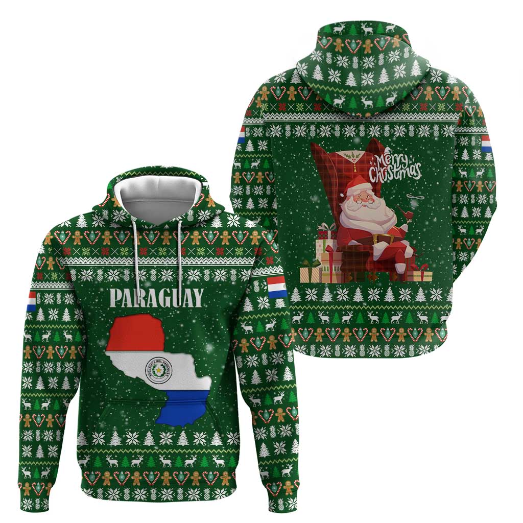 Paraguay Christmas Zip Hoodie with Green Festive Pattern, Map and Flag Motif, and Santa Illustration - Wonder Print Shop