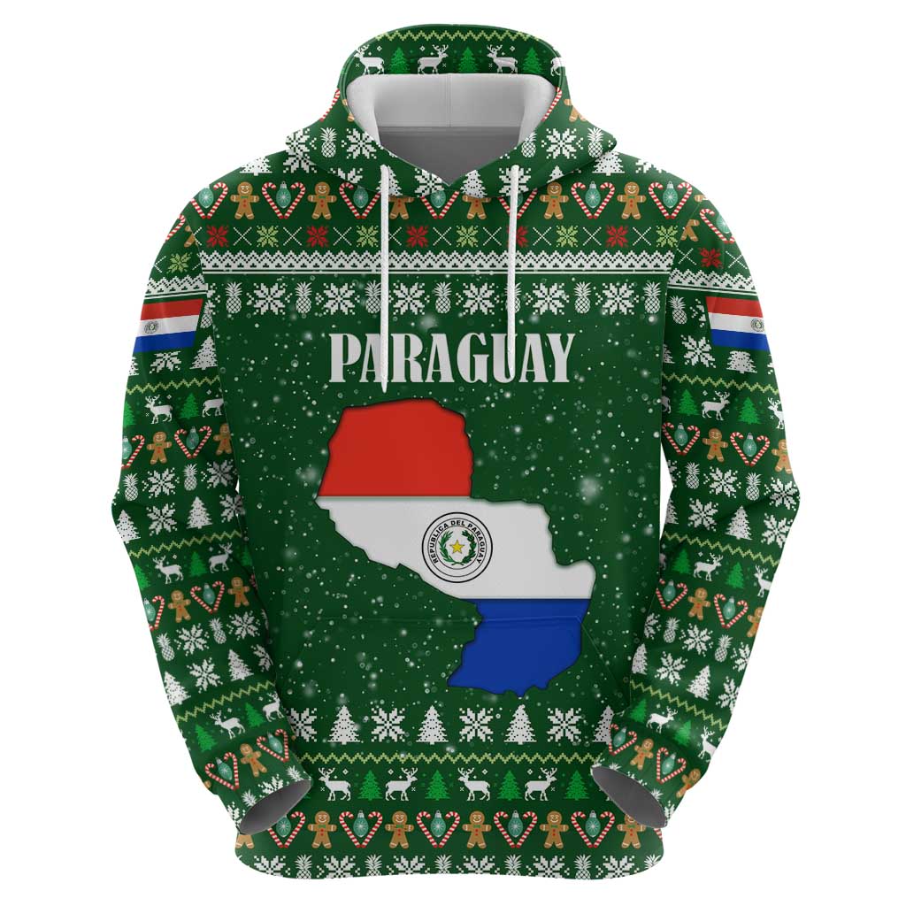 Paraguay Christmas Zip Hoodie with Green Festive Pattern, Map and Flag Motif, and Santa Illustration - Wonder Print Shop