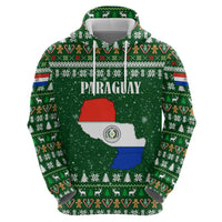 Paraguay Christmas Zip Hoodie with Green Festive Pattern, Map and Flag Motif, and Santa Illustration - Wonder Print Shop