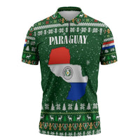 Paraguay Christmas Zipper Polo Shirt with Green Festive Pattern, Map and Flag Motif, and Santa Illustration - Wonder Print Shop