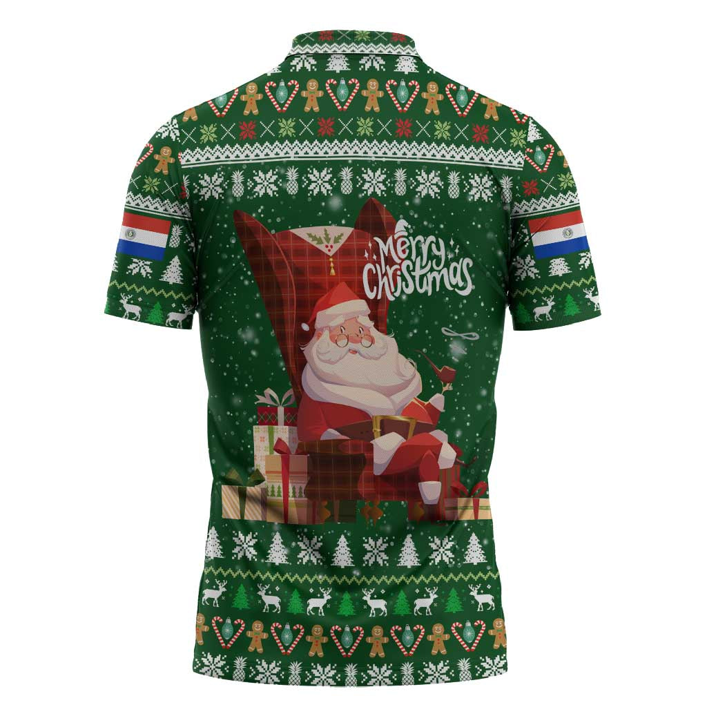Paraguay Christmas Zipper Polo Shirt with Green Festive Pattern, Map and Flag Motif, and Santa Illustration - Wonder Print Shop