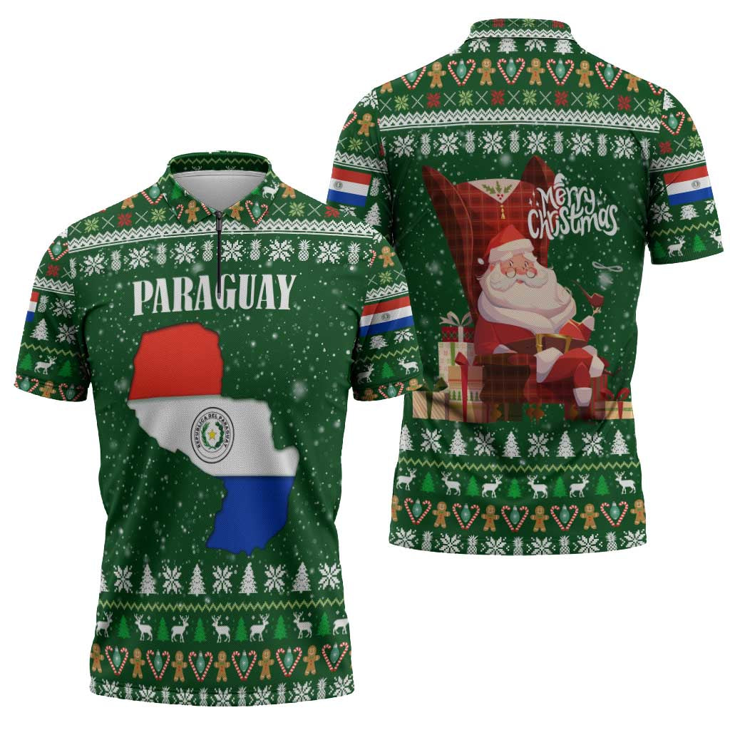 Paraguay Christmas Zipper Polo Shirt with Green Festive Pattern, Map and Flag Motif, and Santa Illustration - Wonder Print Shop