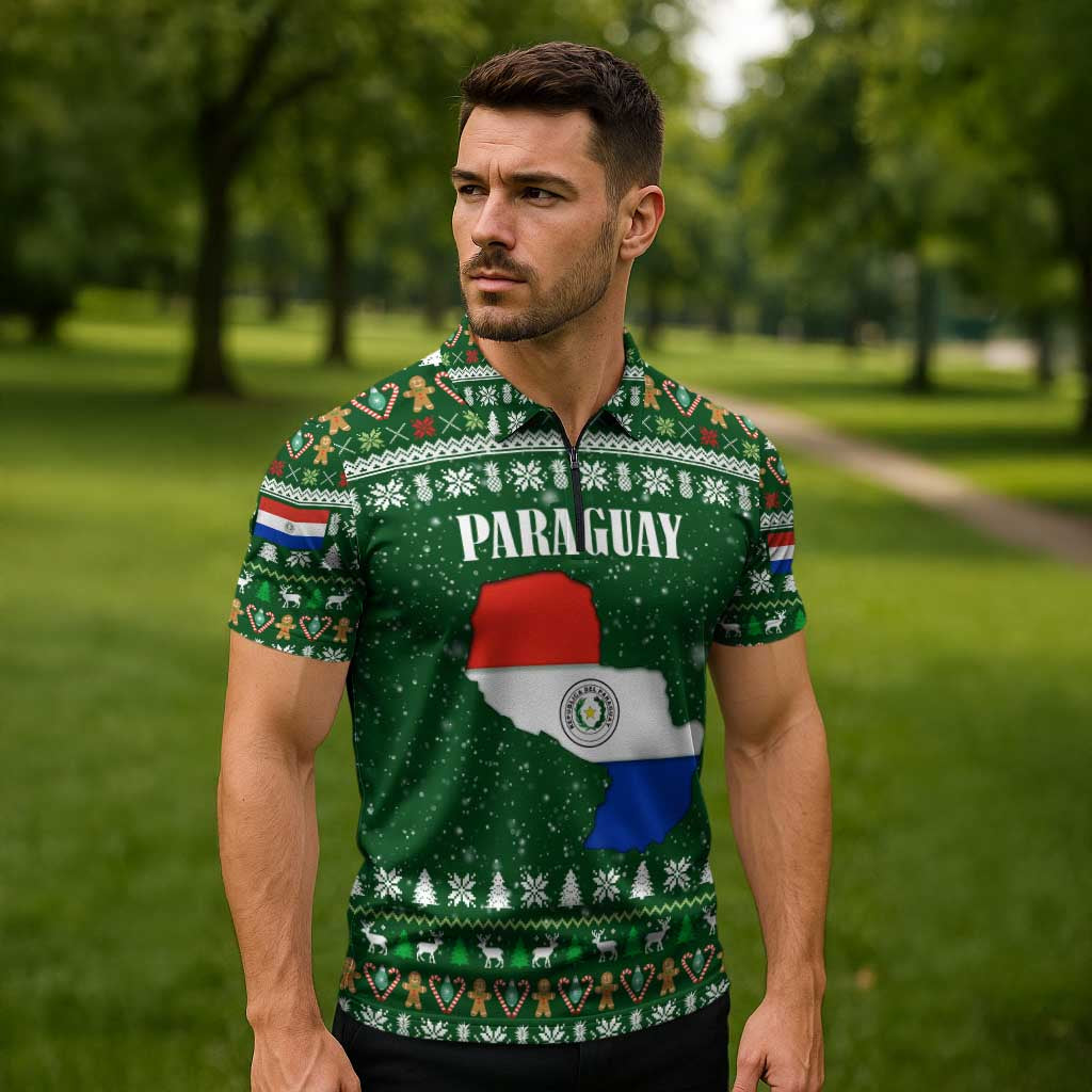 Paraguay Christmas Zipper Polo Shirt with Green Festive Pattern, Map and Flag Motif, and Santa Illustration - Wonder Print Shop