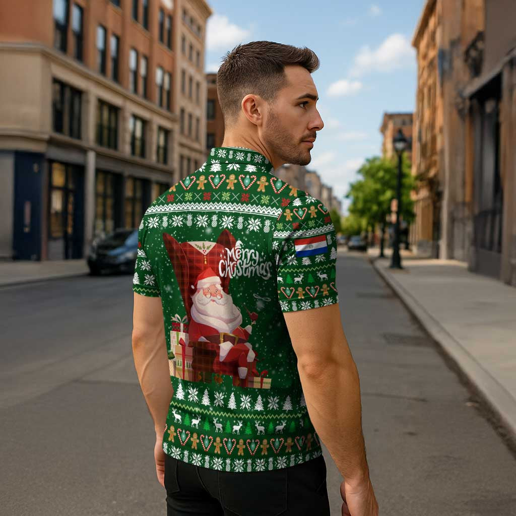 Paraguay Christmas Zipper Polo Shirt with Green Festive Pattern, Map and Flag Motif, and Santa Illustration - Wonder Print Shop