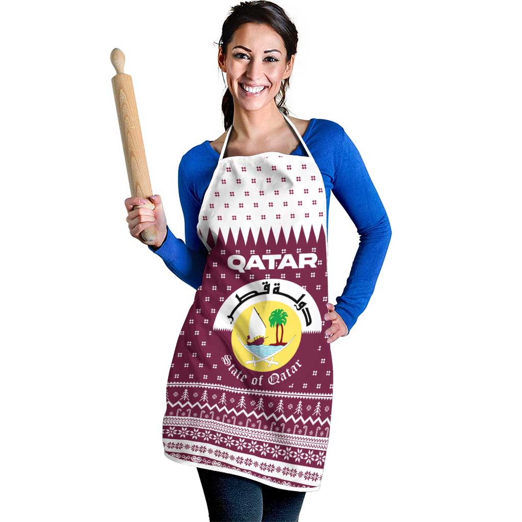 Qatar Christmas Apron with Maroon-White Design, National Emblem, and Camel Motif - Wonder Print Shop