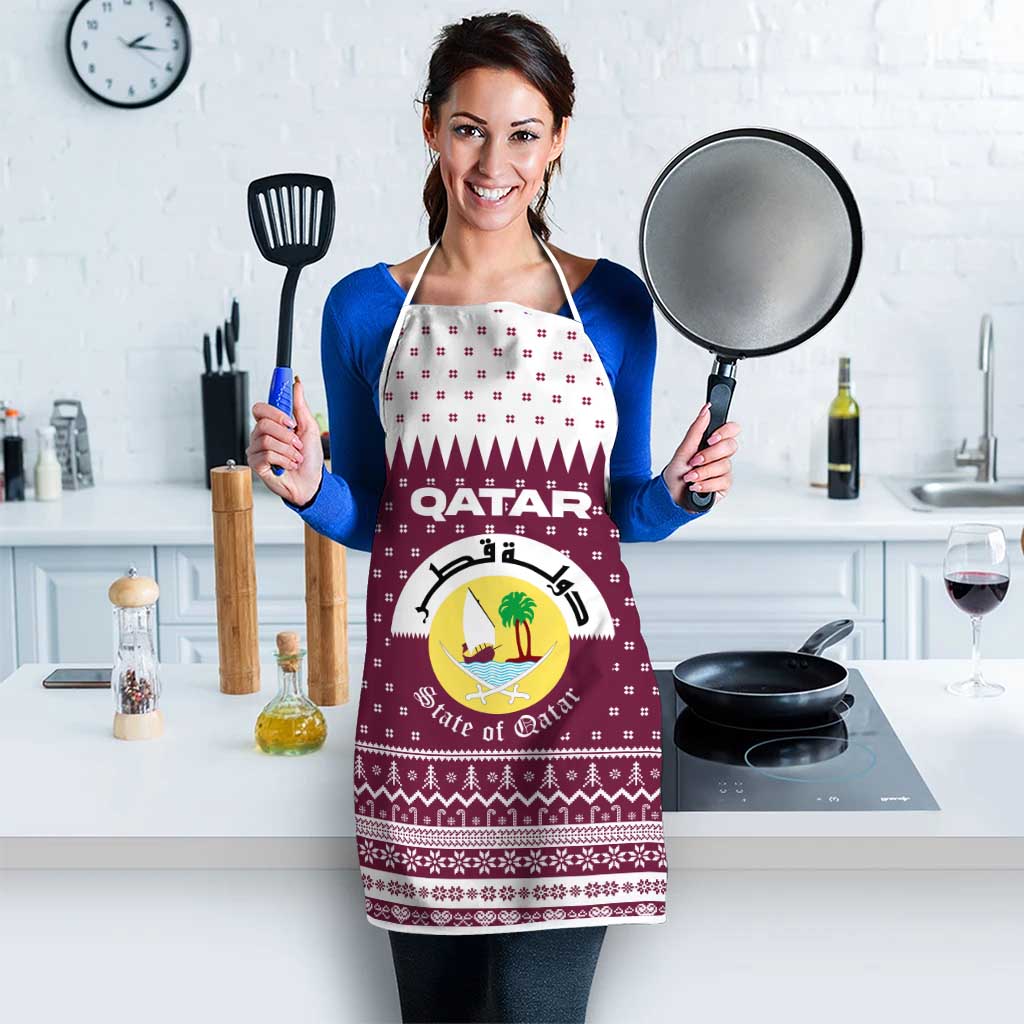 Qatar Christmas Apron with Maroon-White Design, National Emblem, and Camel Motif - Wonder Print Shop