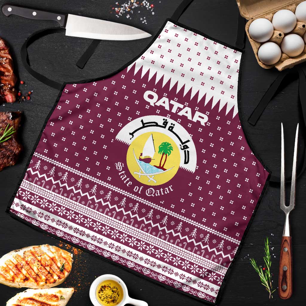 Qatar Christmas Apron with Maroon-White Design, National Emblem, and Camel Motif - Wonder Print Shop