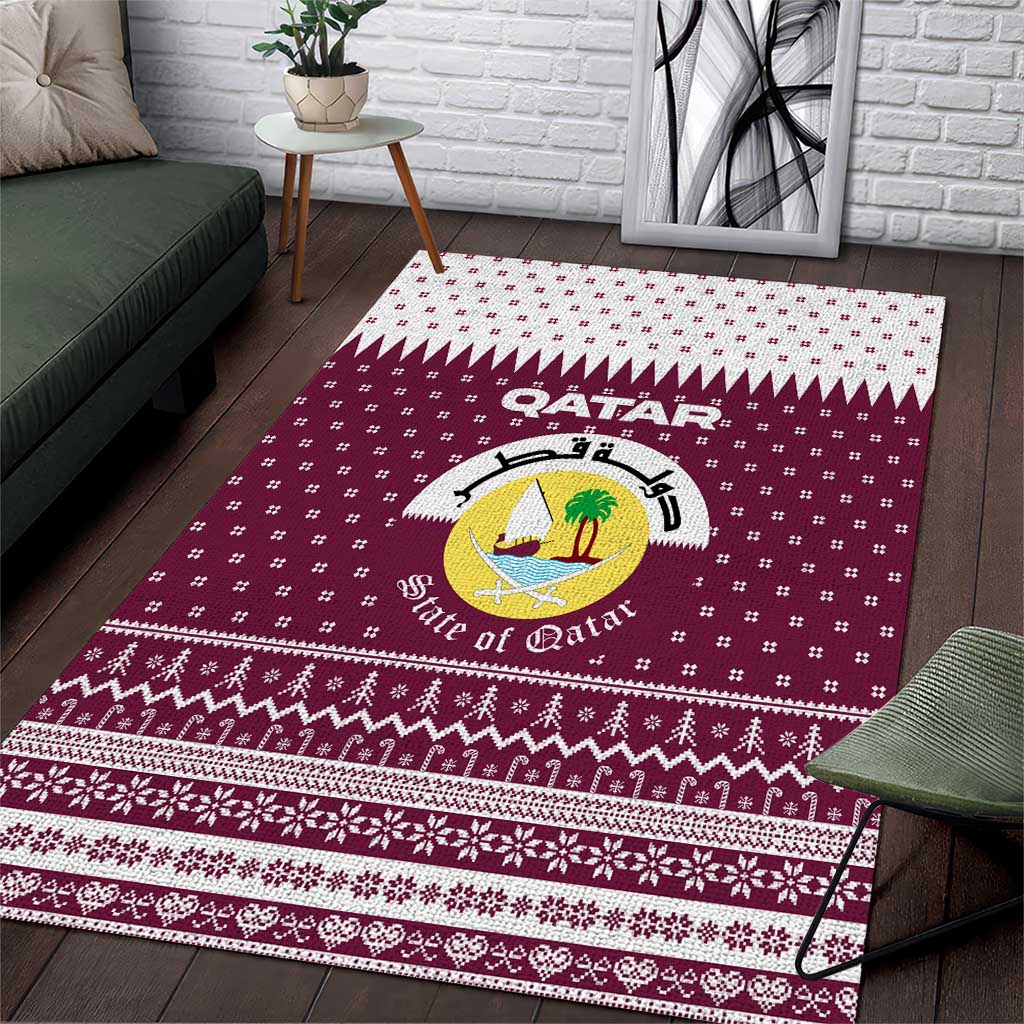 Qatar Christmas Area Rug with Maroon-White Design, National Emblem, and Camel Motif - Wonder Print Shop
