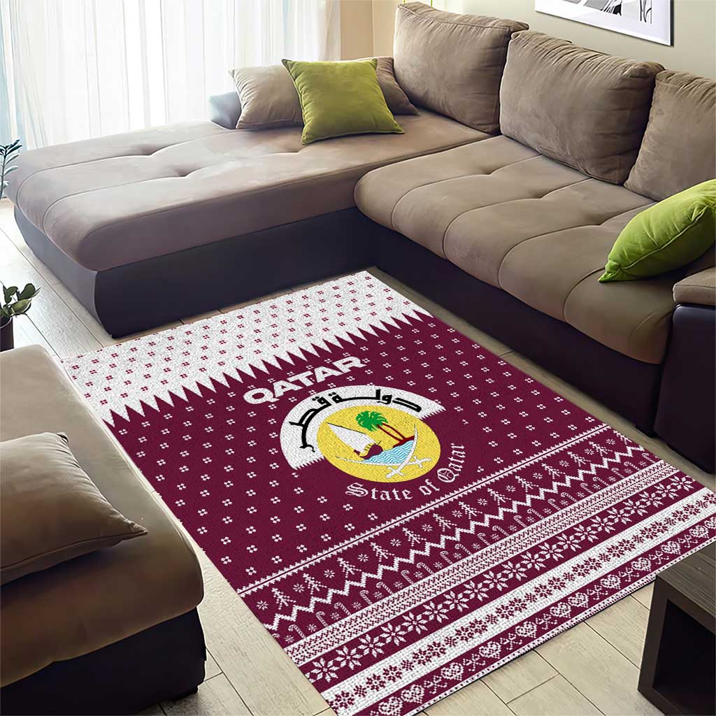 Qatar Christmas Area Rug with Maroon-White Design, National Emblem, and Camel Motif - Wonder Print Shop