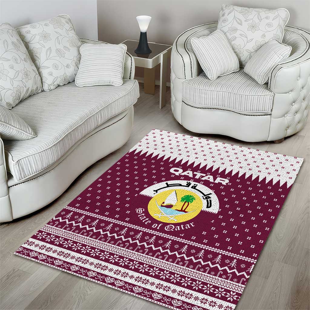 Qatar Christmas Area Rug with Maroon-White Design, National Emblem, and Camel Motif - Wonder Print Shop