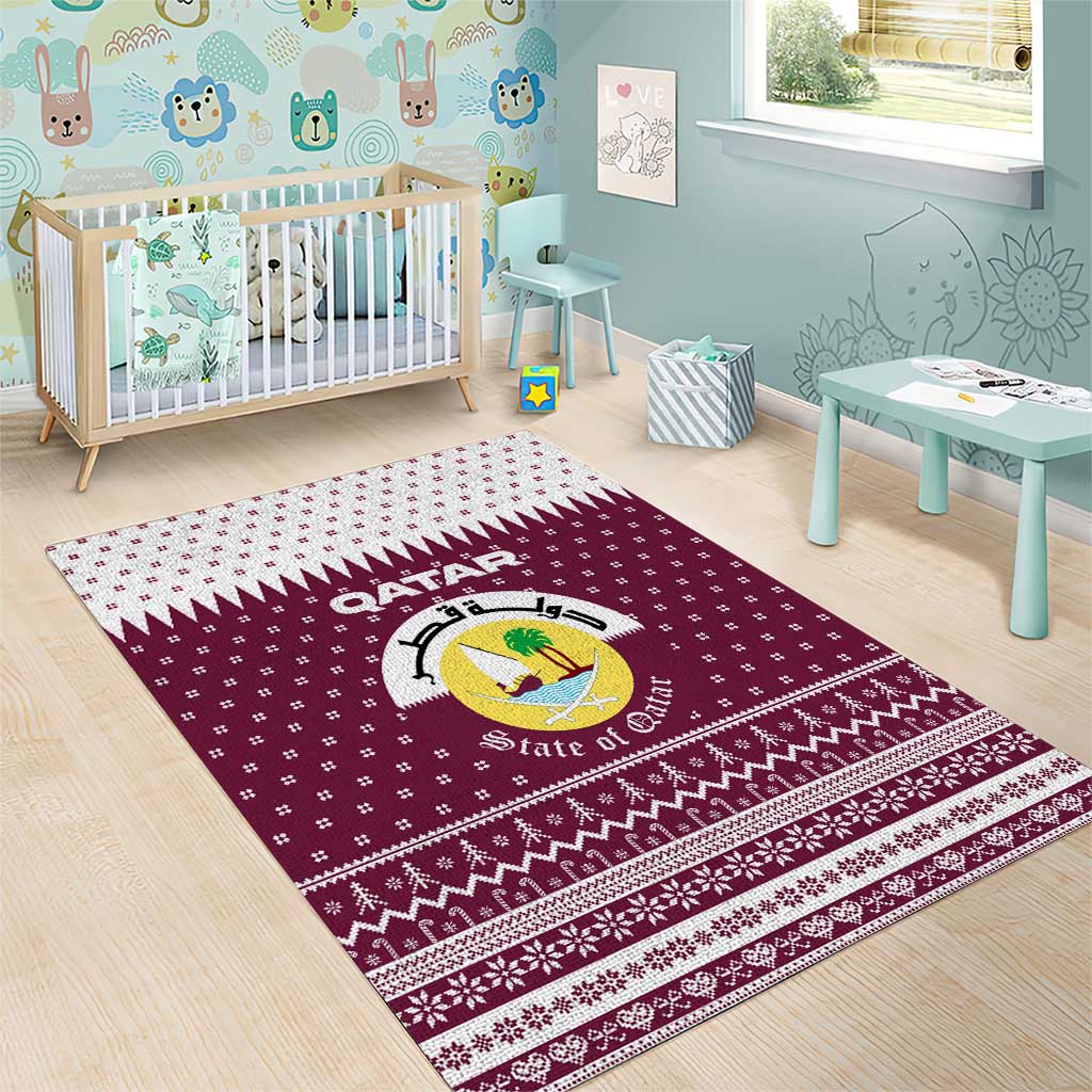 Qatar Christmas Area Rug with Maroon-White Design, National Emblem, and Camel Motif - Wonder Print Shop