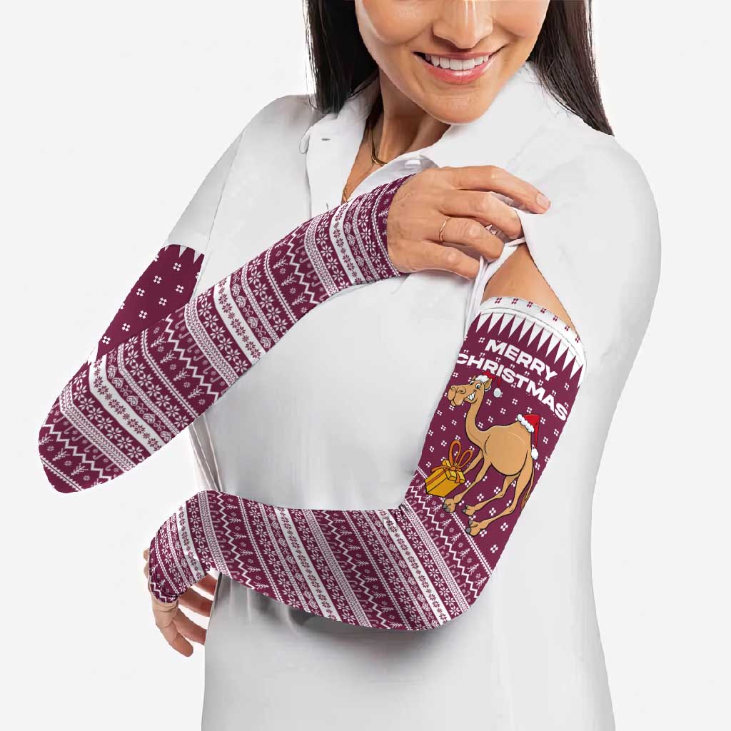 Qatar Christmas Arm Sleeves with Maroon-White Design, National Emblem, and Camel Motif - Wonder Print Shop