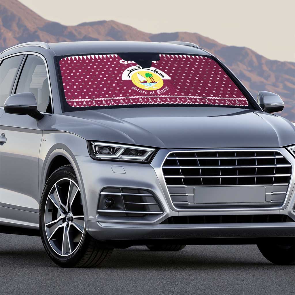 Qatar Christmas Auto Sun Shade with Maroon-White Design, National Emblem, and Camel Motif - Wonder Print Shop