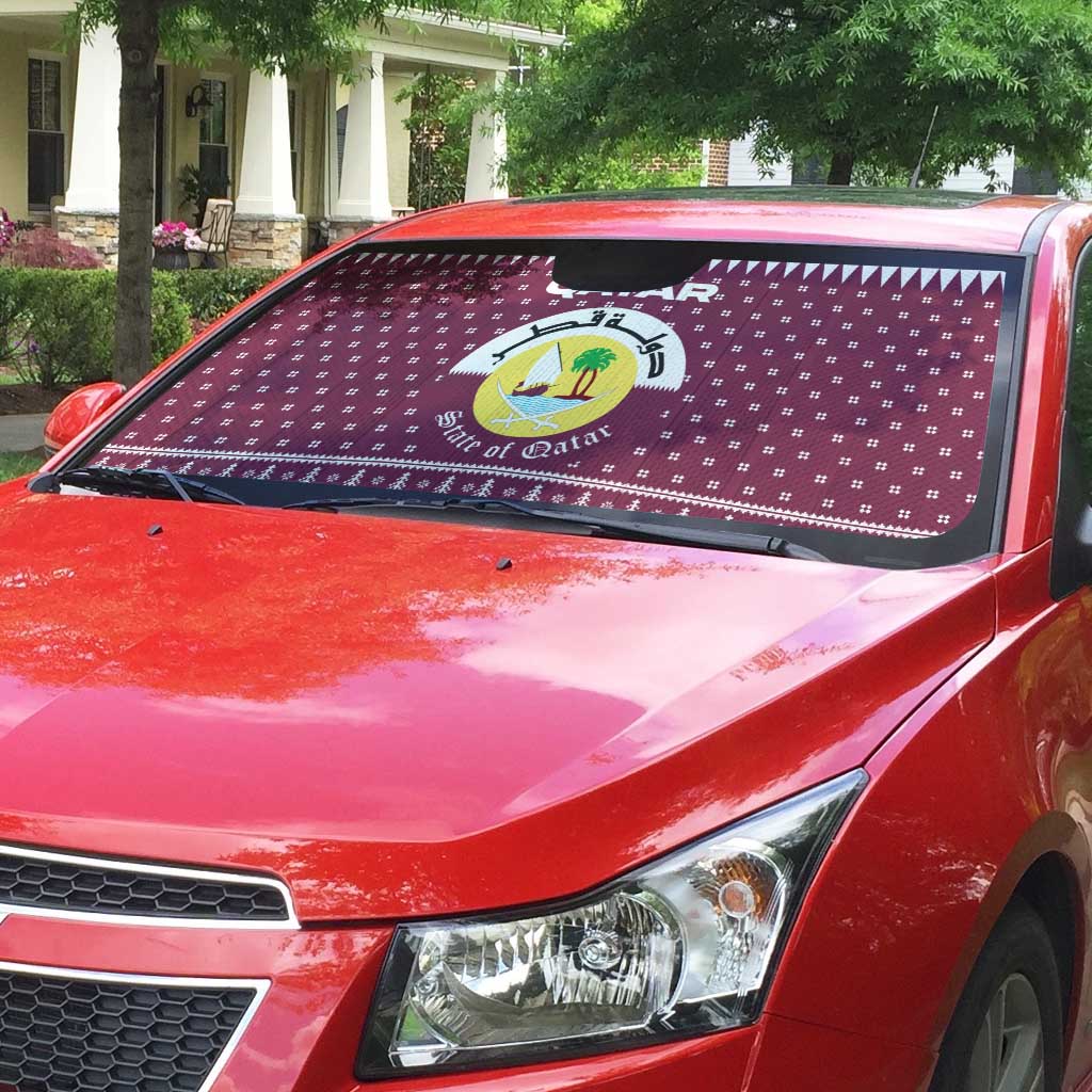Qatar Christmas Auto Sun Shade with Maroon-White Design, National Emblem, and Camel Motif - Wonder Print Shop