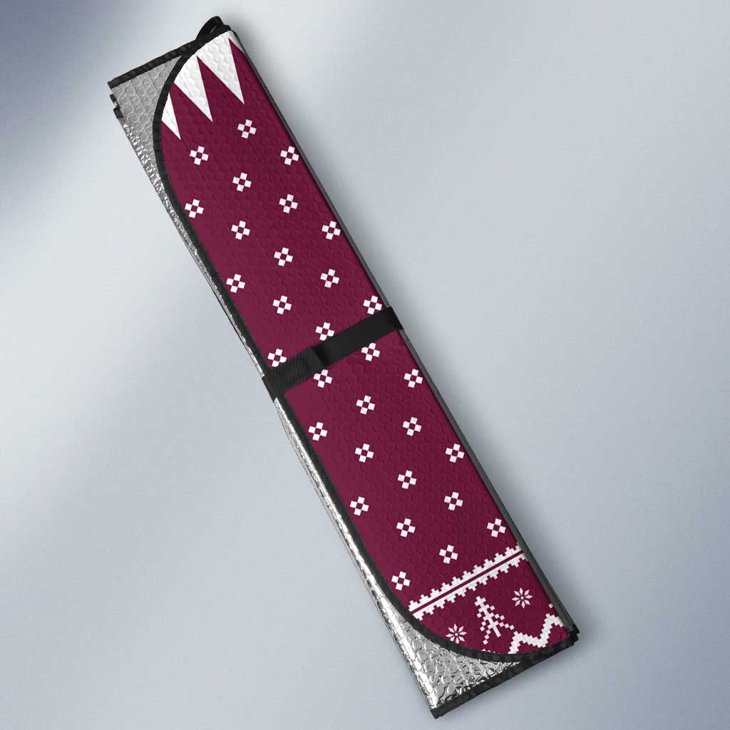 Qatar Christmas Auto Sun Shade with Maroon-White Design, National Emblem, and Camel Motif - Wonder Print Shop