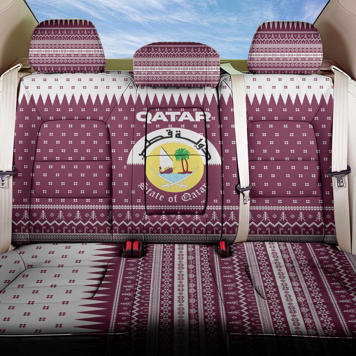 Qatar Christmas Back Car Seat Cover with Maroon-White Design, National Emblem, and Camel Motif - Wonder Print Shop